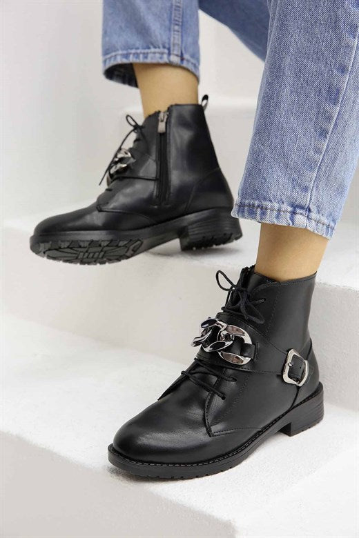 Women's Chain Detail Black Leather Boots