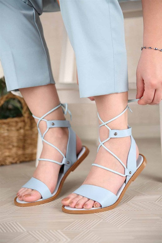 Women's Ankle Tie Baby Blue Leather Sandals