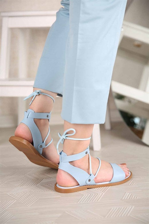 Women's Ankle Tie Baby Blue Leather Sandals