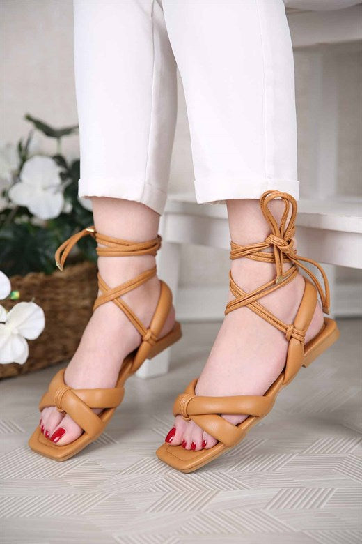Women's Ankle Tie Camel Sandals