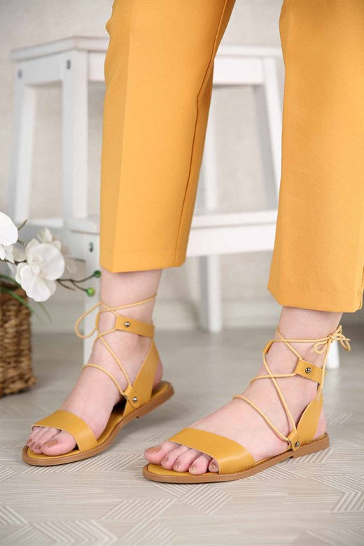 Women's Ankle Tie Mustard Leather Sandals