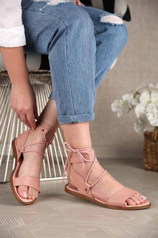 Women's Ankle Tie Powder Rose Flat Sandals