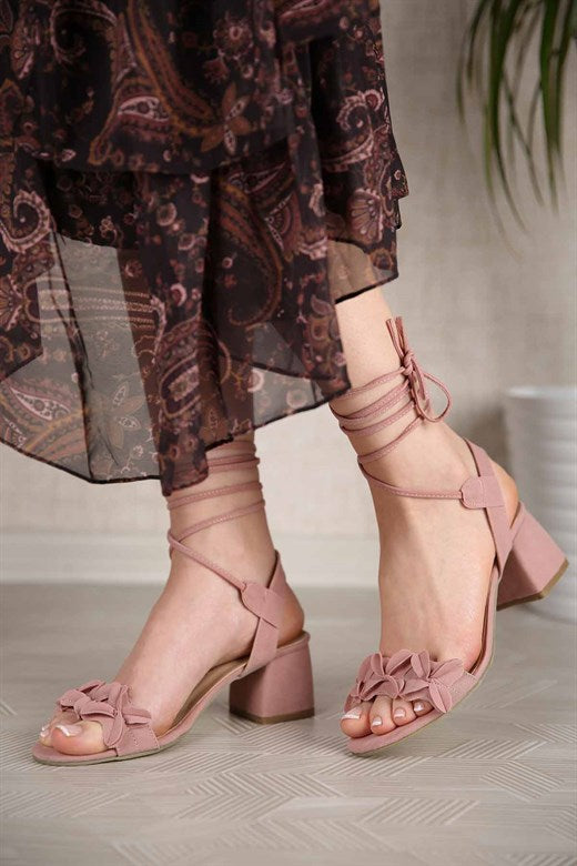 Women's Ankle Tie Powder Rose Suede Heeled Sandals