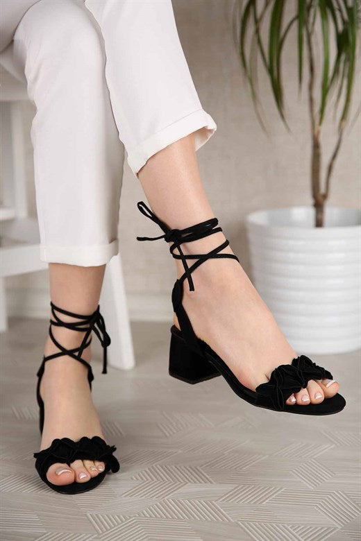 Women's Black Suede Heeled Sandals