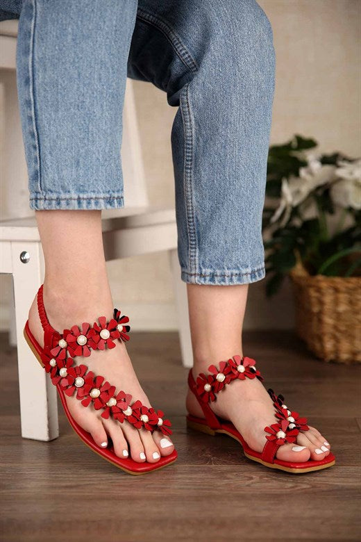 Women's Pearl Floral Red Sandals