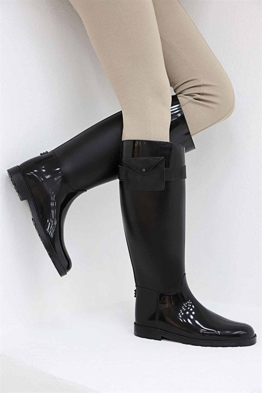 Women's Black Long Rain Boots