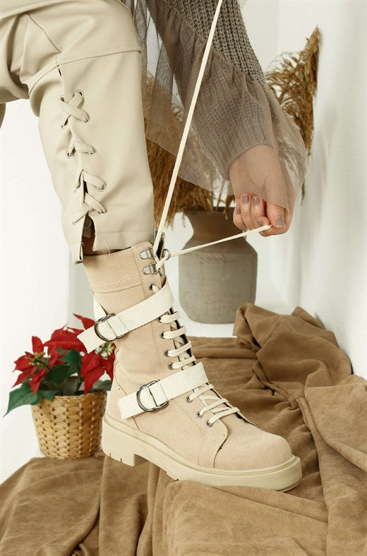 Women's Beige Suede Combat Boots