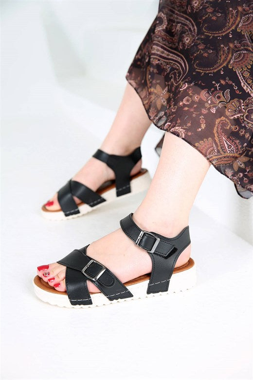 Women's Velcro Strap Black Leather Sandals