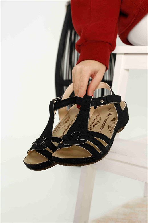 Women's Velcro Strap Black Denim Sandals