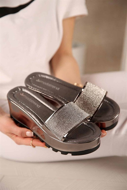 Women's Gemmed Platinum Wedge Slippers