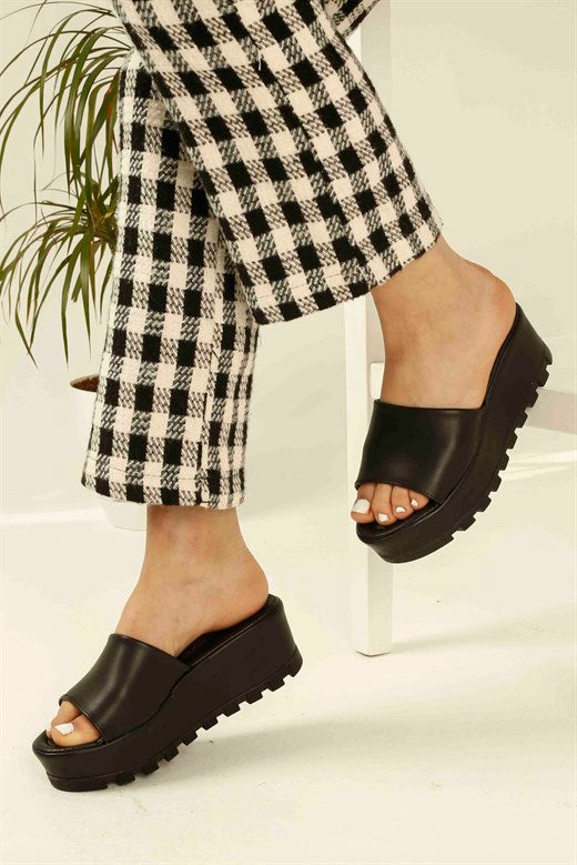 Women's Black Wedge Slippers