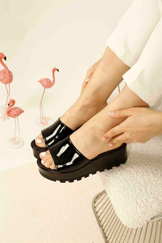 Women's Black Patent Leather Wedge Slippers