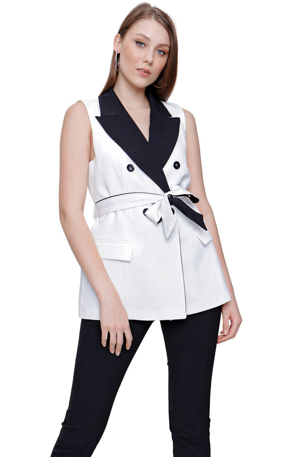 Women's Wrap Collar Belted Ecru Vest