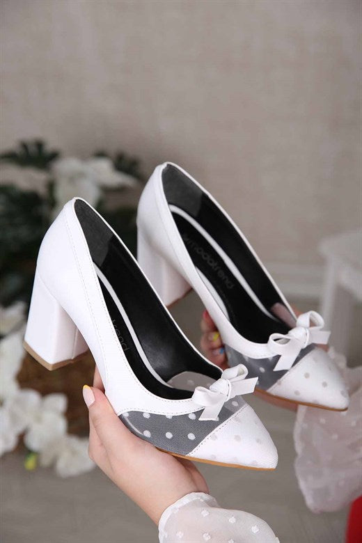 Women's Dotted Mesh Detail White Heeled Shoes