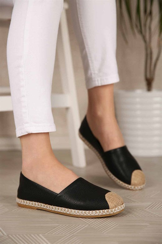 Women's Black Leather Espadrille Shoes
