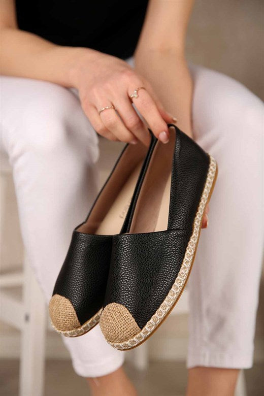 Women's Black Leather Espadrille Shoes