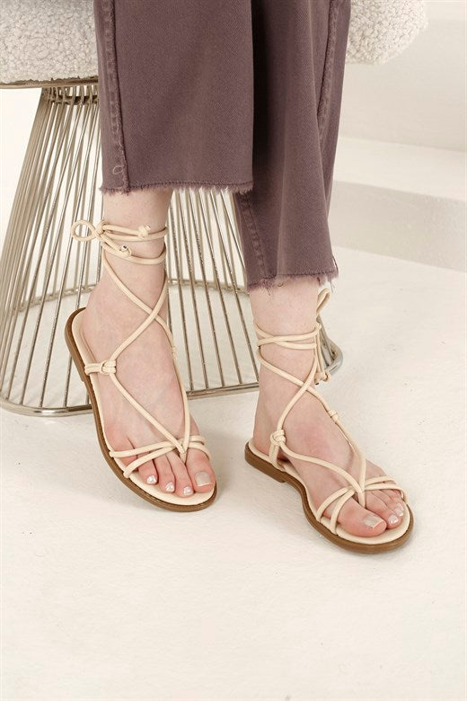 Women's Ankle Tie Cream Flat Sandals