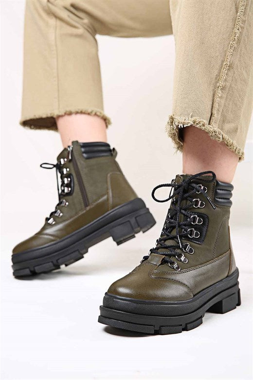 Women's Lace-up Khaki Leather Boots