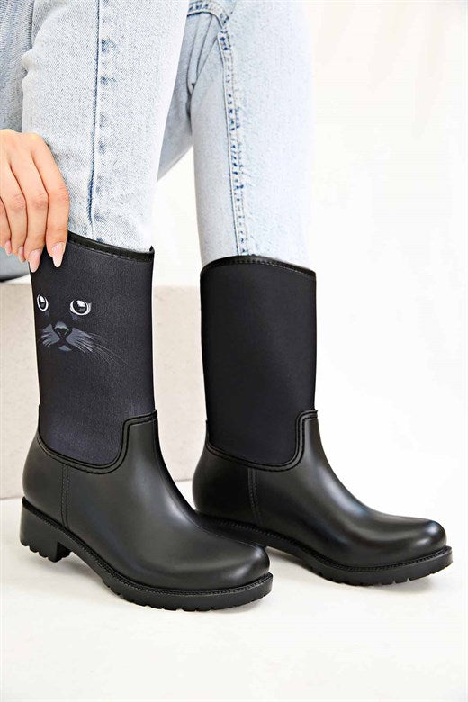 Women's Cat Pattern Black Rain Boots