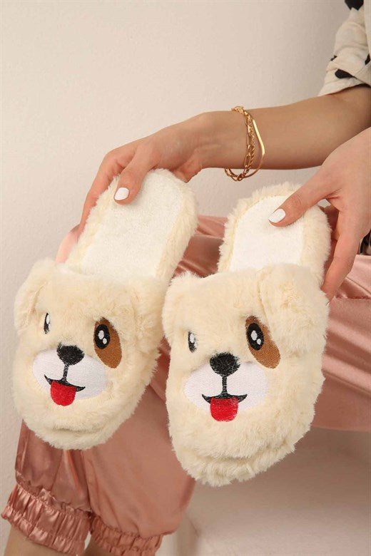 Women's Dog Figure Beige House Slippers