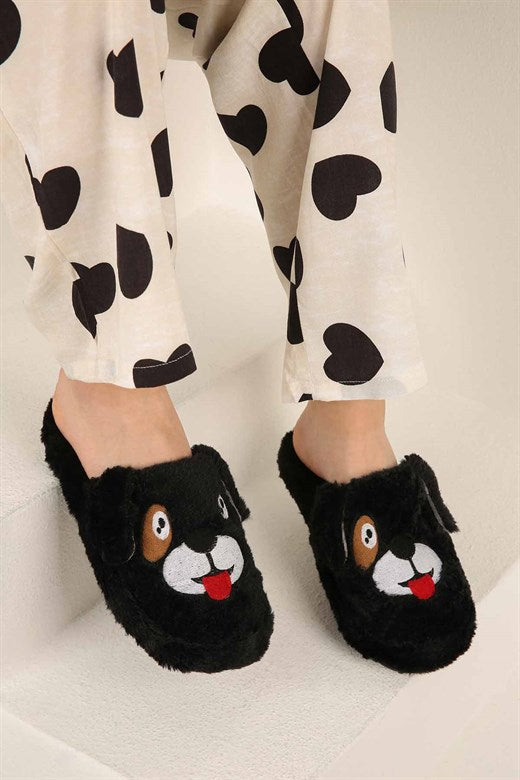 Women's Dog Figure Black House Slippers