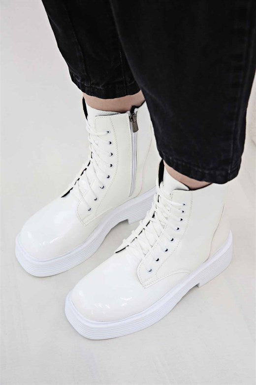 Women's White Patent Leather Combat Boots