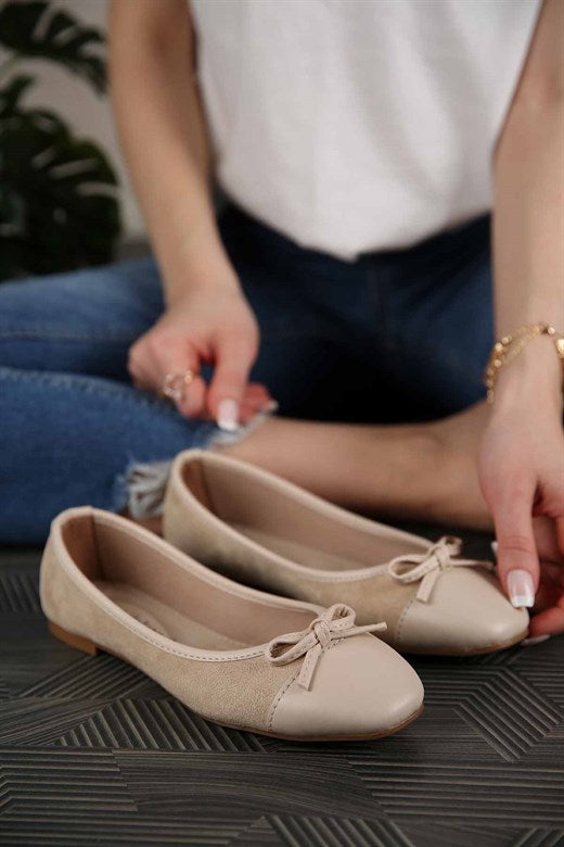 Women's Leather Detail Beige Suede Flat Shoes