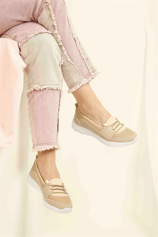 Women's Elastic Lace-up Beige Sport Shoes