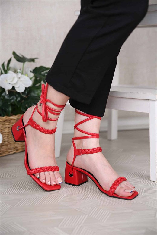 Women's Red Leather Heeled Sandals