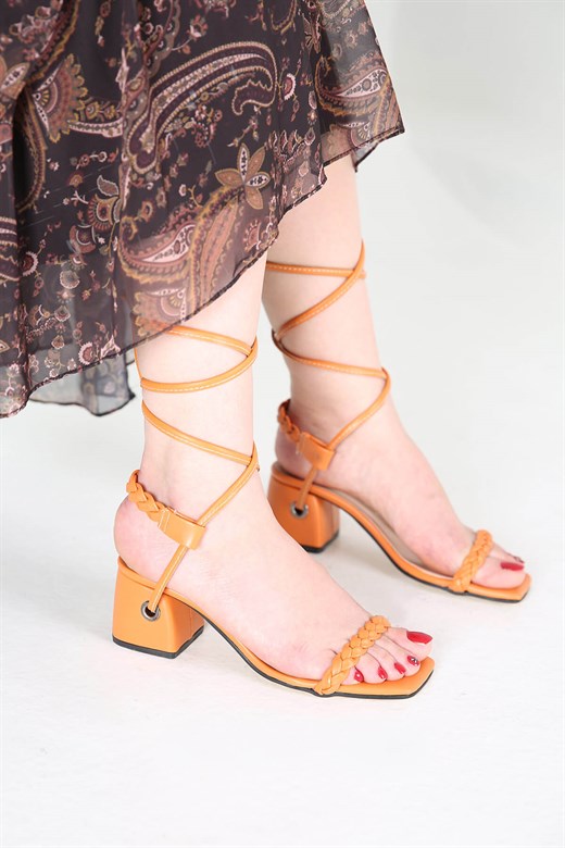 Women's Ankle Tie Orange Heeled Sandals