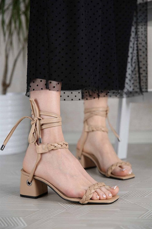 Women's Ankle Tie Tan Heeled Sandals