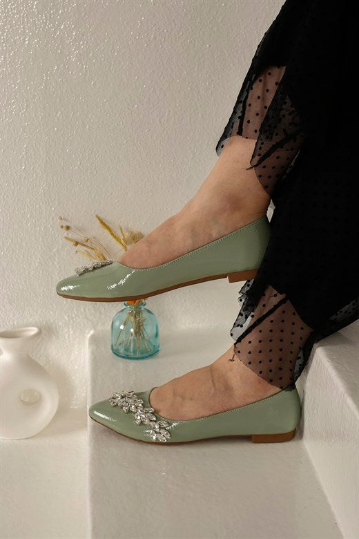 Women's Gemmed Mint Green Flat Shoes