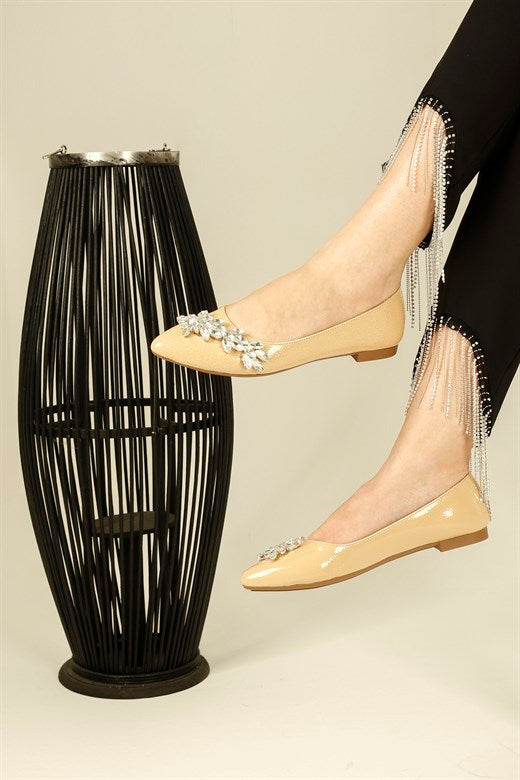 Women's Gemmed Beige Flat Shoes