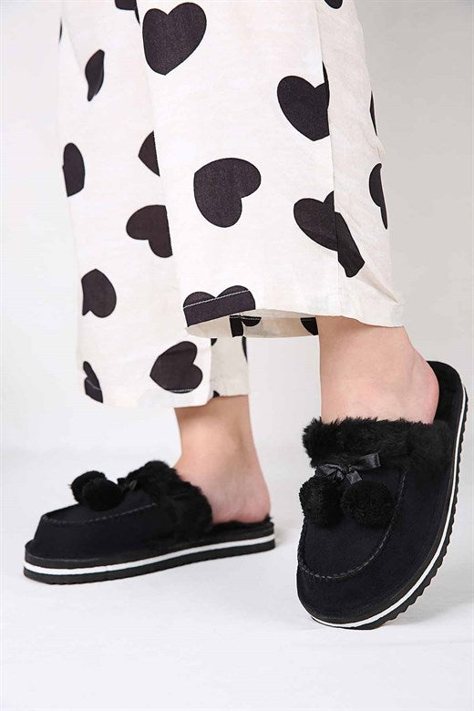 Women's Black Fur House Slippers