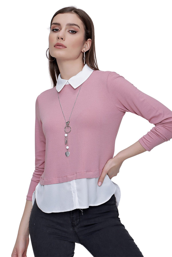 Women's Shirt Collar Garnish Hem Powder Rose Blouse