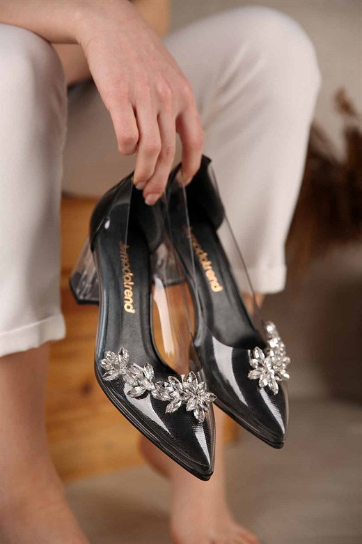 Women's Black Patent Leather Transparent Heeled Shoes