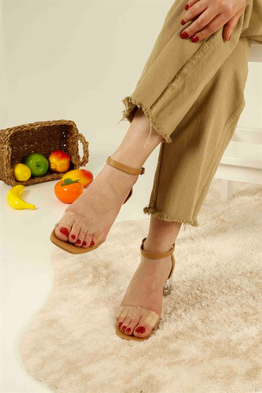 Women's Beige Leather Heeled Sandals