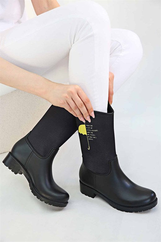 Women's Umbrella Pattern Black Rain Boots