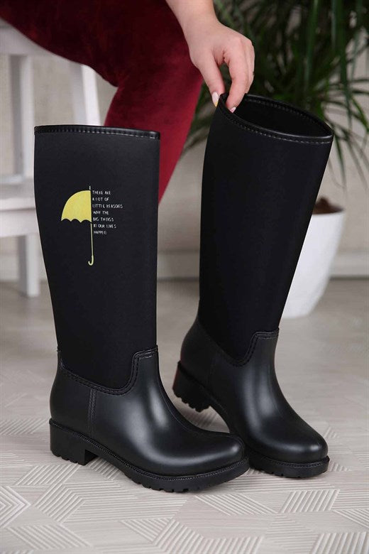 Women's Umbrella Print Black Rain Boots