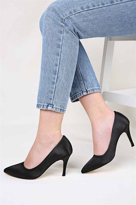 Women's Pointed Toe Black Satin Heeled Shoes