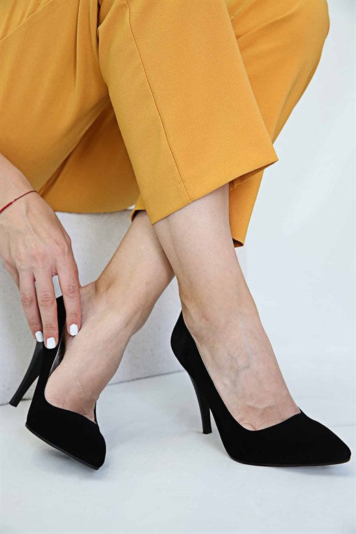 Women's Pointed Toe Black Suede Heeled Shoes