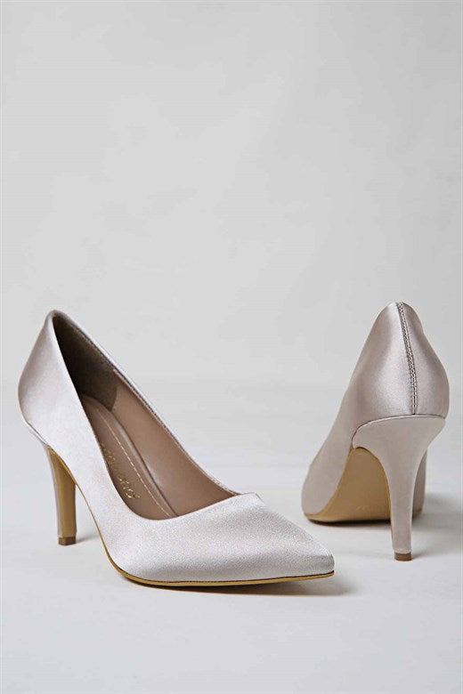Women's Pointed Toe Tan Satin Heeled Shoes