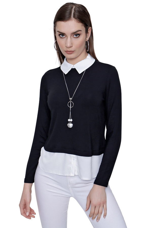 Women's Shirt Collar Garnish Hem Black Blouse