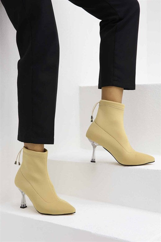 Women's Beige Stretch Heeled Boots