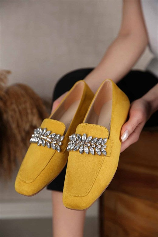 Women's Gemmed Mustard Suede Flat Shoes