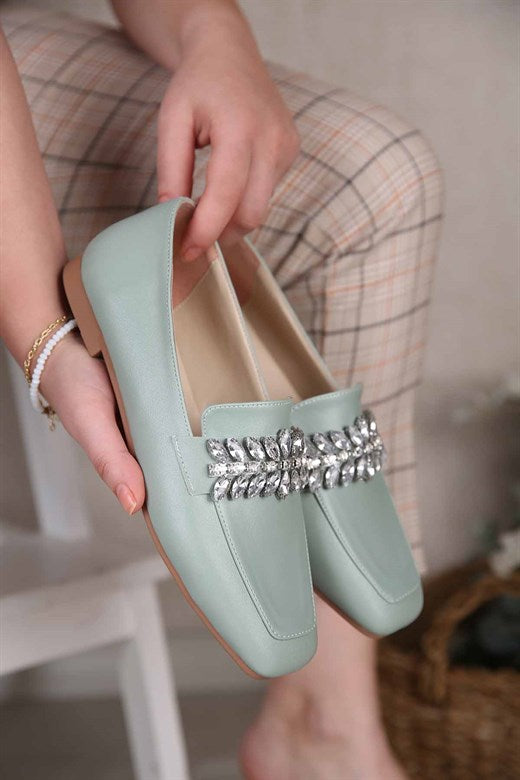 Women's Gemmed Mint Green Leather Flat Shoes