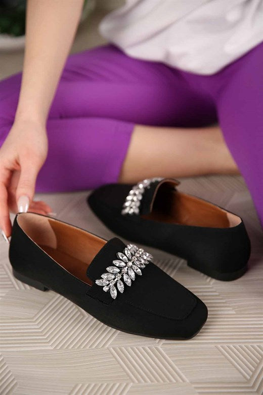 Women's Gemmed Black Suede Flat Shoes