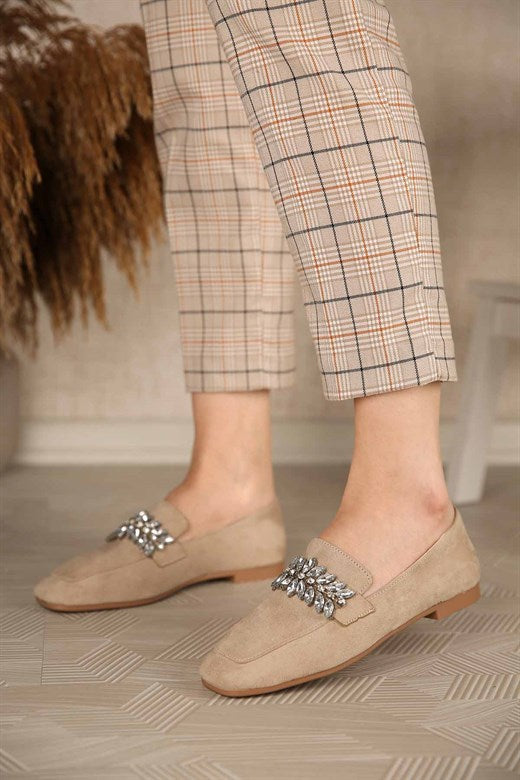 Women's Gemmed Tan Suede Flat Shoes