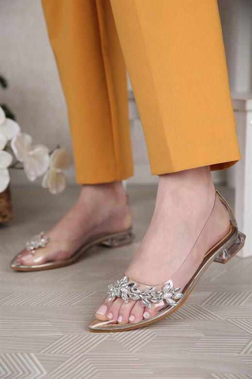 Women's Gemmed Gold Patent Leather Heeled Shoes