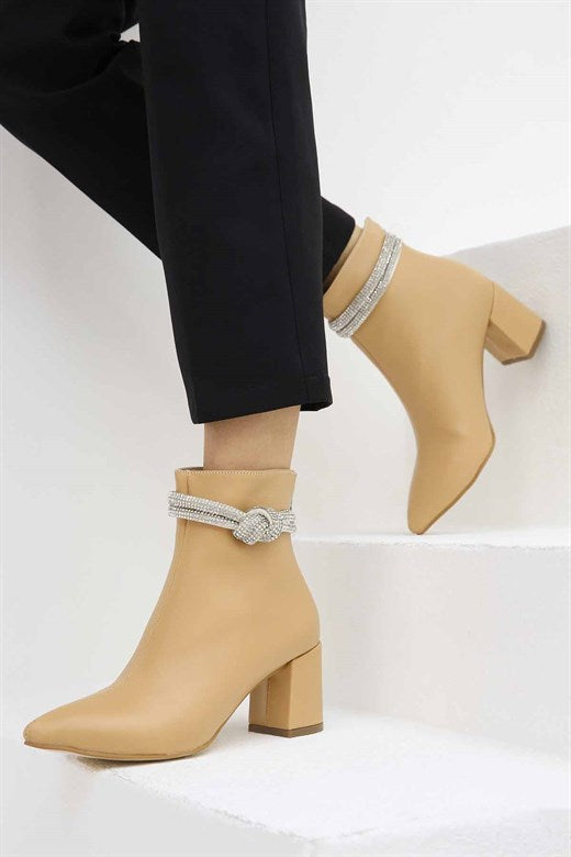 Women's Gemmed Tan Leather Heeled Boots